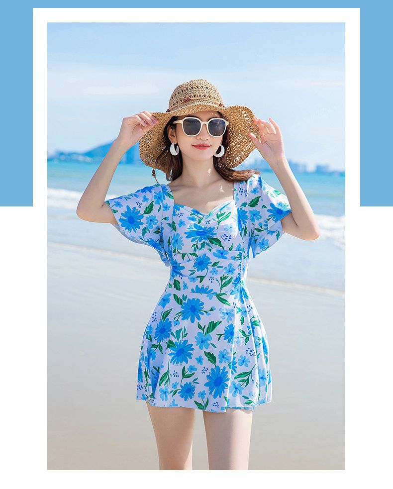 日系小碎花修身顯瘦遮肉連身裙泳衣-滿版花花-黃色