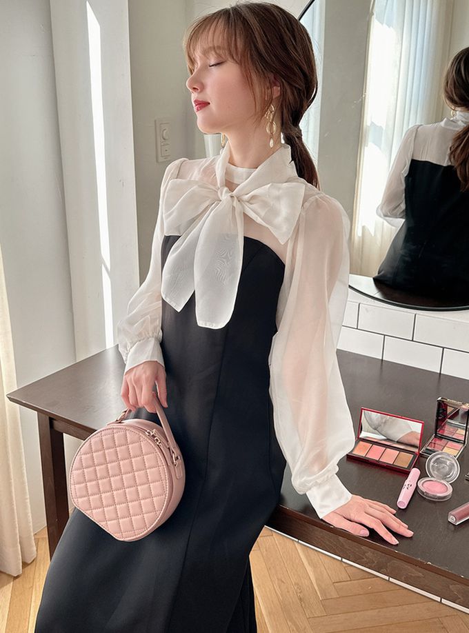 日本 GRL - 法式優雅雪紡拼接洋裝-黑