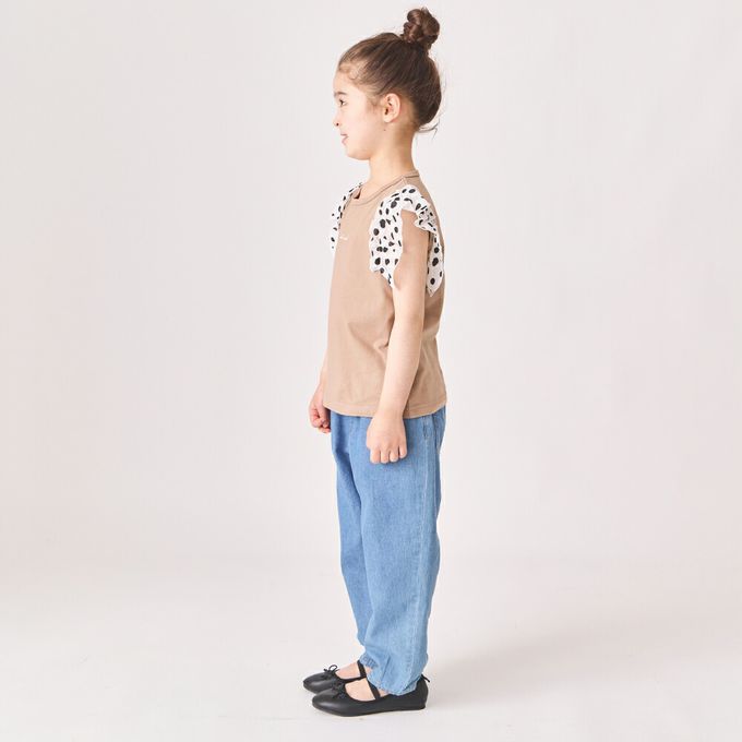 日本 evercloset - 100%棉 點點蕾絲短袖上衣-淺棕