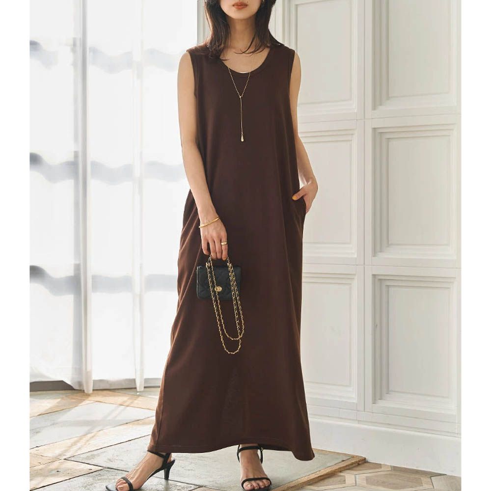 簡約素色修身U領無袖洋裝-(可選長度)-咖啡