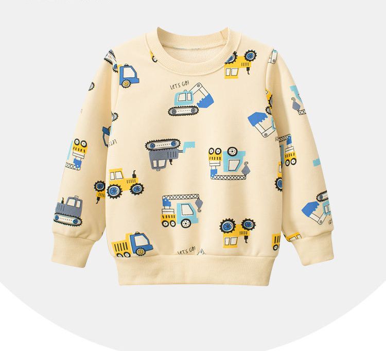 加絨棉質圓領長袖上衣/大學T-工程車車-杏色