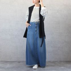 日本女裝代購 - 經典厚磅A字牛仔長裙(高個媽咪推薦)-丹寧藍