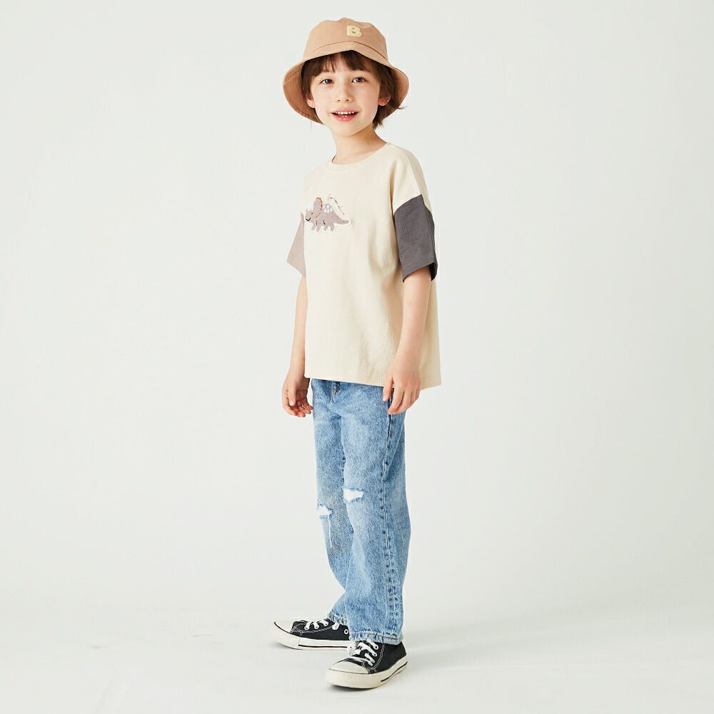 日本 evercloset - 立體刺繡印花撞色短袖上衣-恐龍-卡其綠