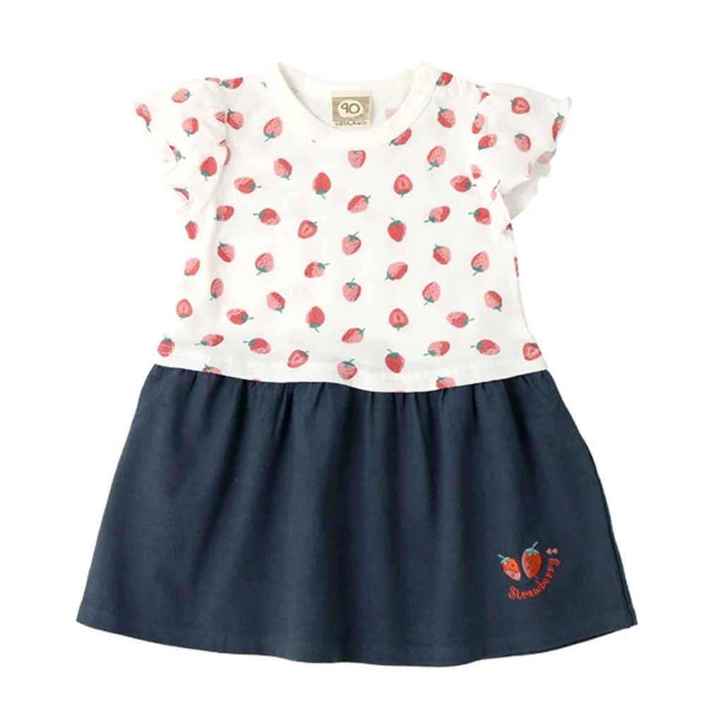 日本 ZOOLAND - 印花拼接舒適短袖洋裝-草莓-白x藍
