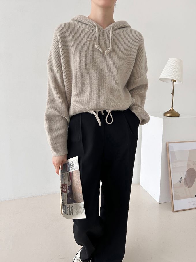 韓國女裝連線 - 連帽抽繩長袖針織上衣-米白 (FREE)