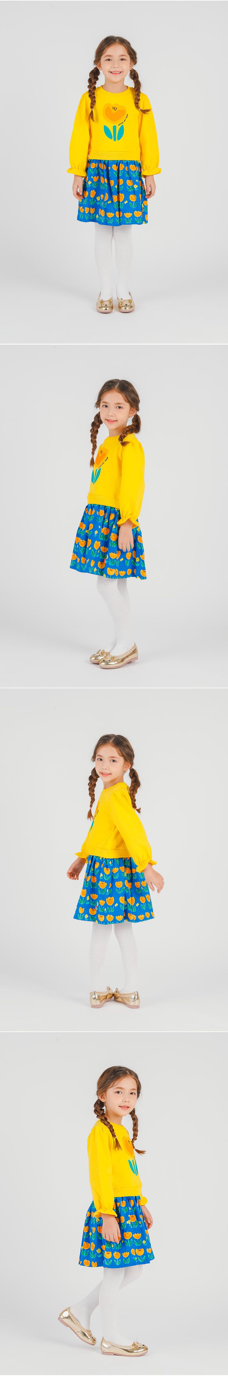 韓國 OZKIZ - 橘黃鬱金香拼接感長袖洋裝