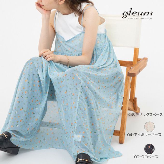 日本 gleam - 前後2way浪漫小花細肩帶薄紗洋裝-象牙米