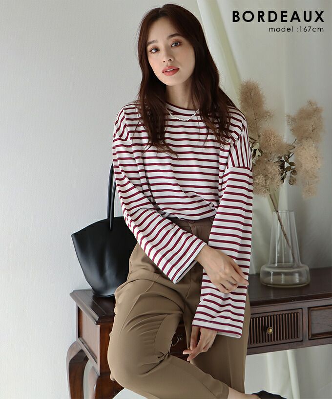 日本 BLUE EAST - 百搭落肩休閒長袖上衣-條紋-軍綠