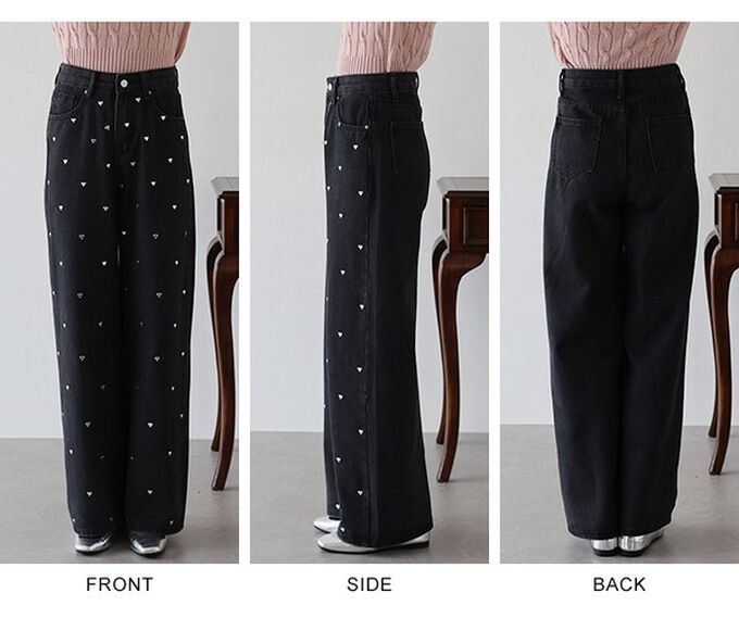 日本 BLUE EAST - 滿版愛心鉚釘高腰丹寧寬褲-淺藍