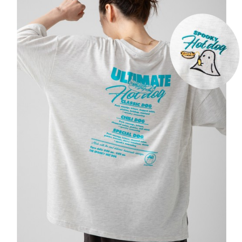 幽靈熱狗美式印花寬大風短袖T恤-燕麥灰