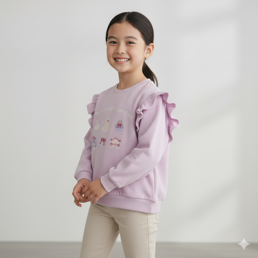 長袖休閒上衣-荷葉邊袖 刺繡-紫色