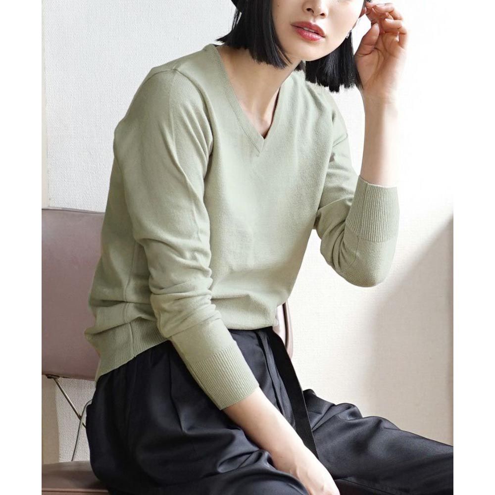 日本 zootie - 100%棉 輕盈柔軟薄針織上衣-V領-春芽綠