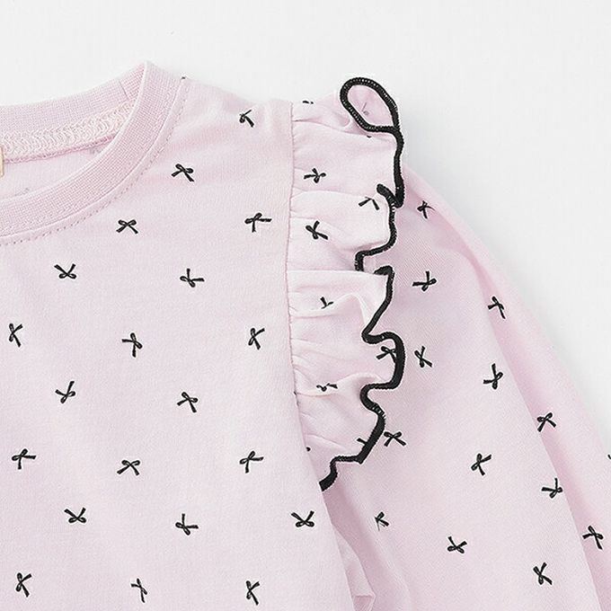 日本 Lycee mine - 100%棉 浪漫荷葉肩滿版印花長袖上衣-蝴蝶結-淺灰藍