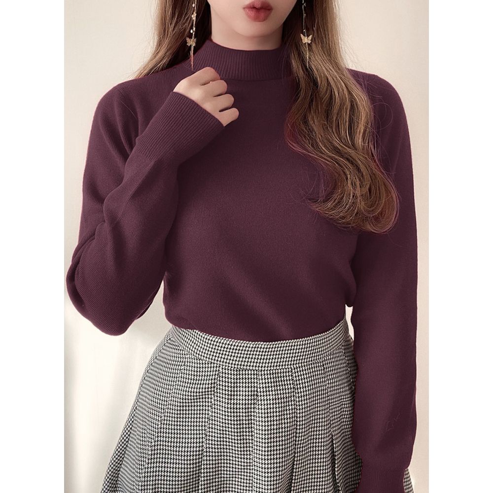 [百搭款]高領薄針織長袖上衣-酒紅