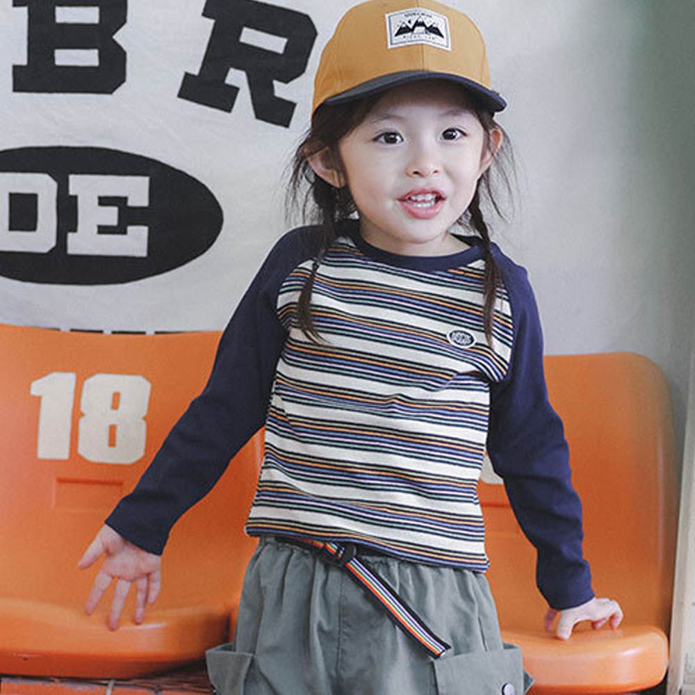 棉質圓領長袖上衣-彩色條紋-藏青