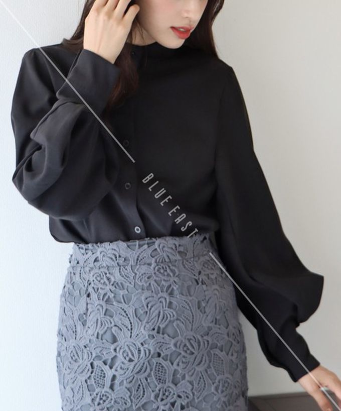 日本 BLUE EAST - 知性小立領澎澎氣球袖襯衫-黑