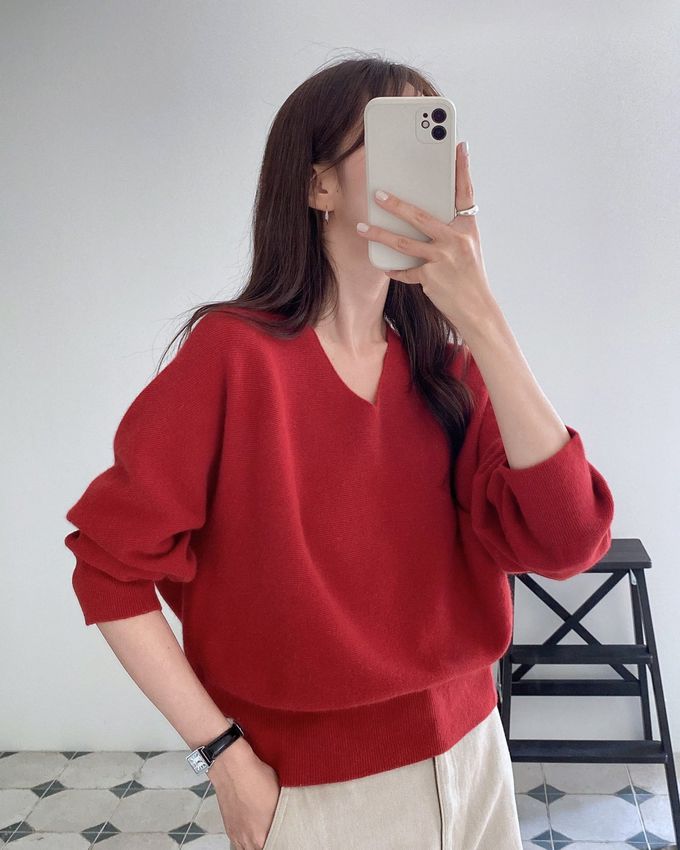 韓國女裝連線 - 溫柔V領喀什米爾羊毛長袖針織上衣-燕麥 (FREE)