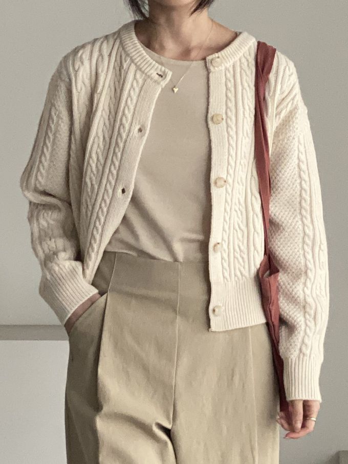 韓國女裝連線 - 麻花捲鈕扣無領針織外套-奶油米 (FREE)