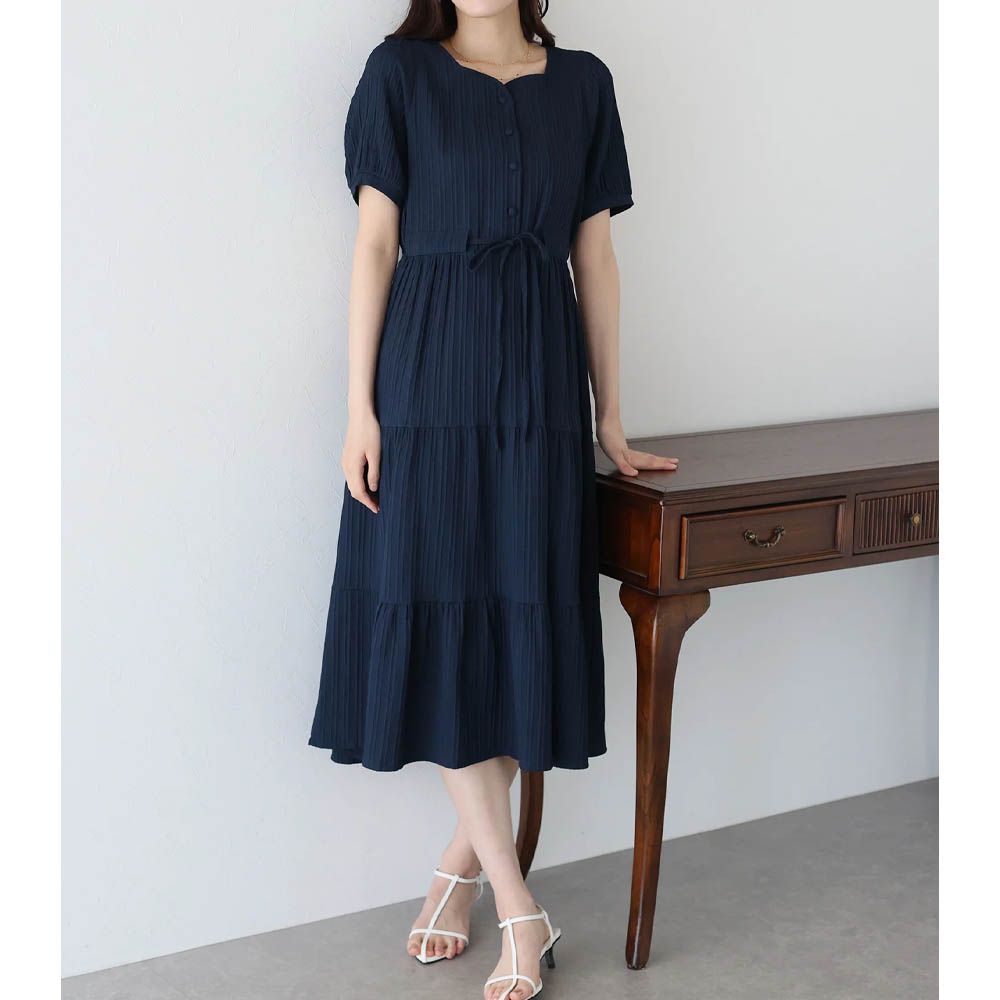 桃心領氣質分層短袖洋裝-海軍藍 ((長版))