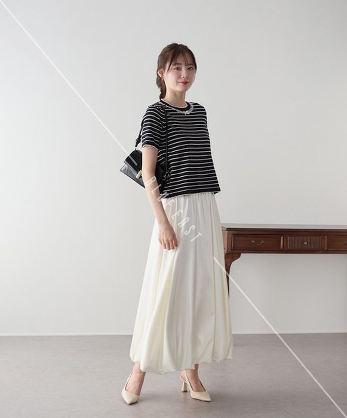 日本 BLUE EAST - 蕾絲蝴蝶結領條紋針織短袖上衣-象牙白