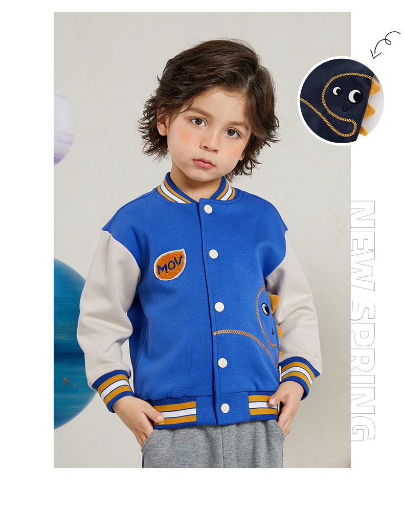 童趣拼色棒球外套-偷看恐龍-藍+杏