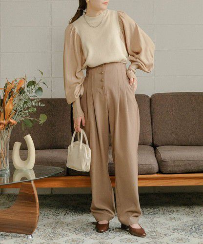 日本 Bou Jeloud - 細針織拼接泡泡袖上衣-淺卡其