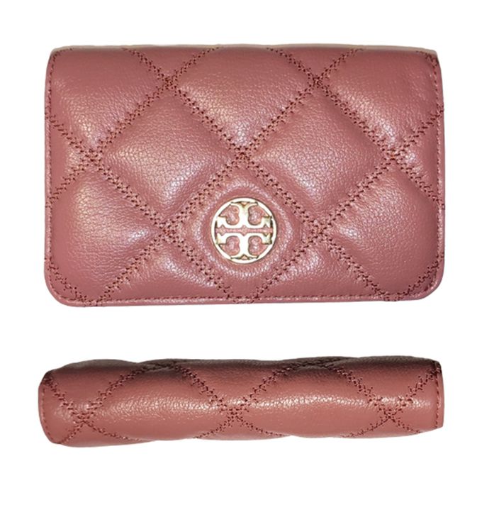 Tory Burch - 素面菱格紋皮革中夾 (玫粉)