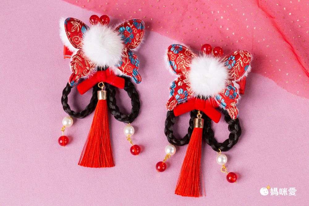 兔年喜氣洋洋拜年兒童髮飾-蝴蝶結+小金兔-紅色