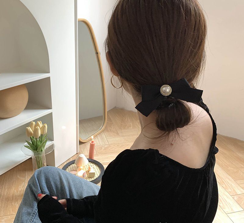 法式優雅珍珠蝴蝶結髮圈