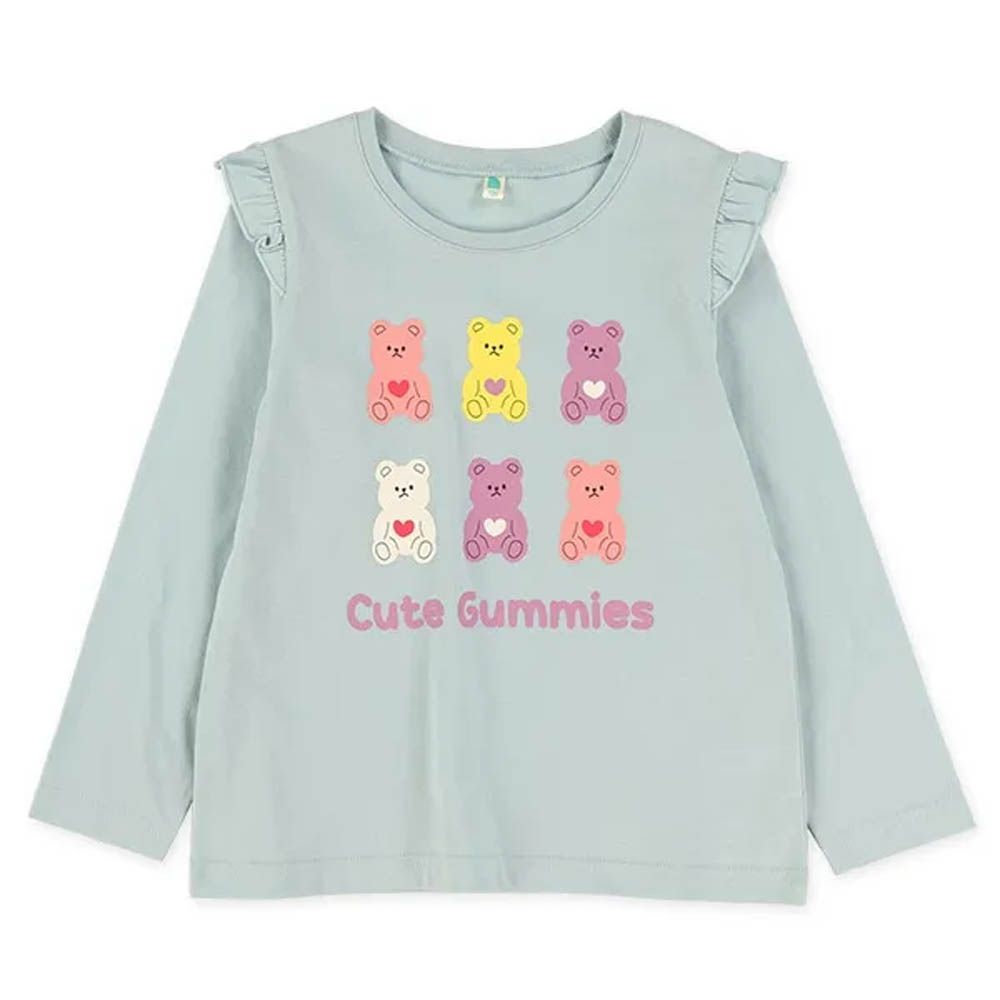 100%棉 荷葉肩印花長袖上衣-彩色小熊-水藍