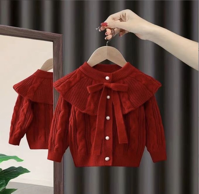 love, charlotte - 歐美系大翻領紅毛線編織仿珍珠釦上衣-紅色