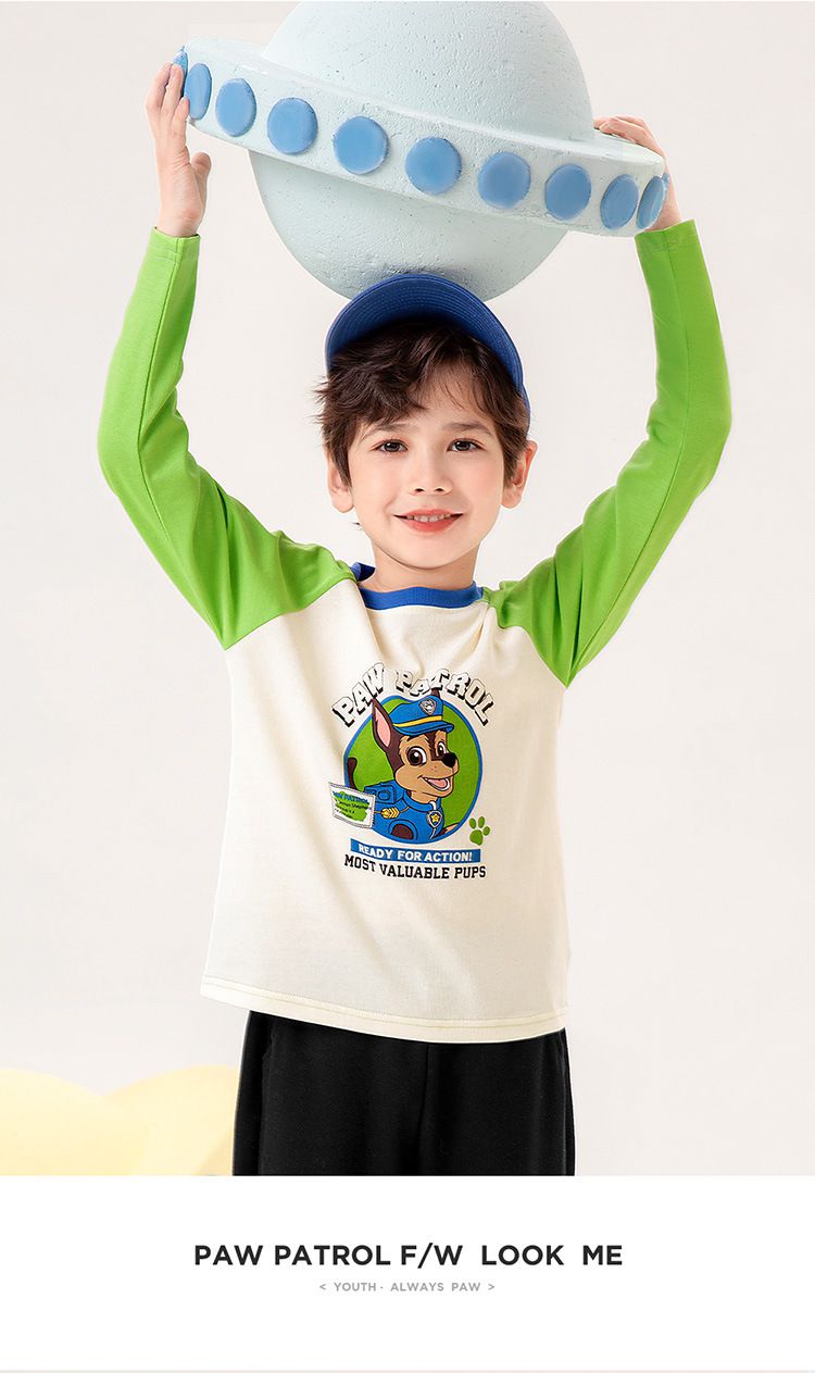 卡通汪汪隊棉質拼色圓領長袖上衣-卡通人物小礫-黃+白