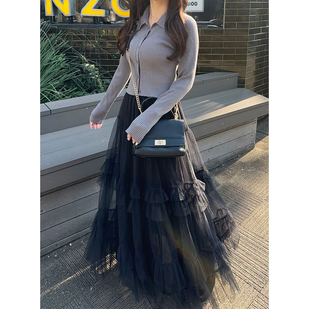 羅紋針織開襟上衣+蓬蓬紗裙(2件式套裝)-灰x黑 (F)