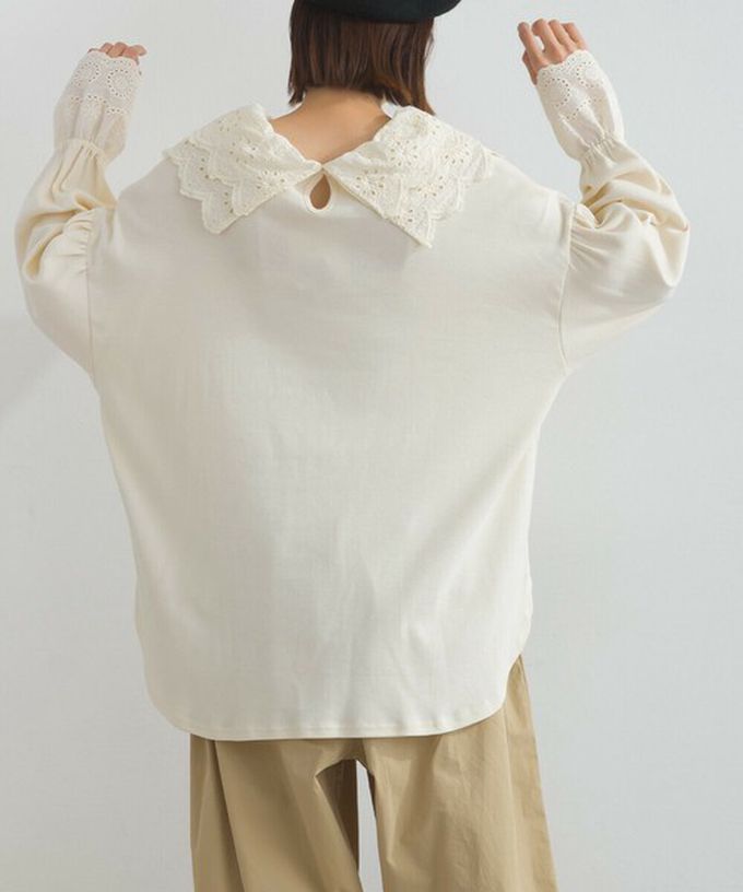 日本 Lupilien - 精緻蕾絲領落肩喇叭袖上衣-黑