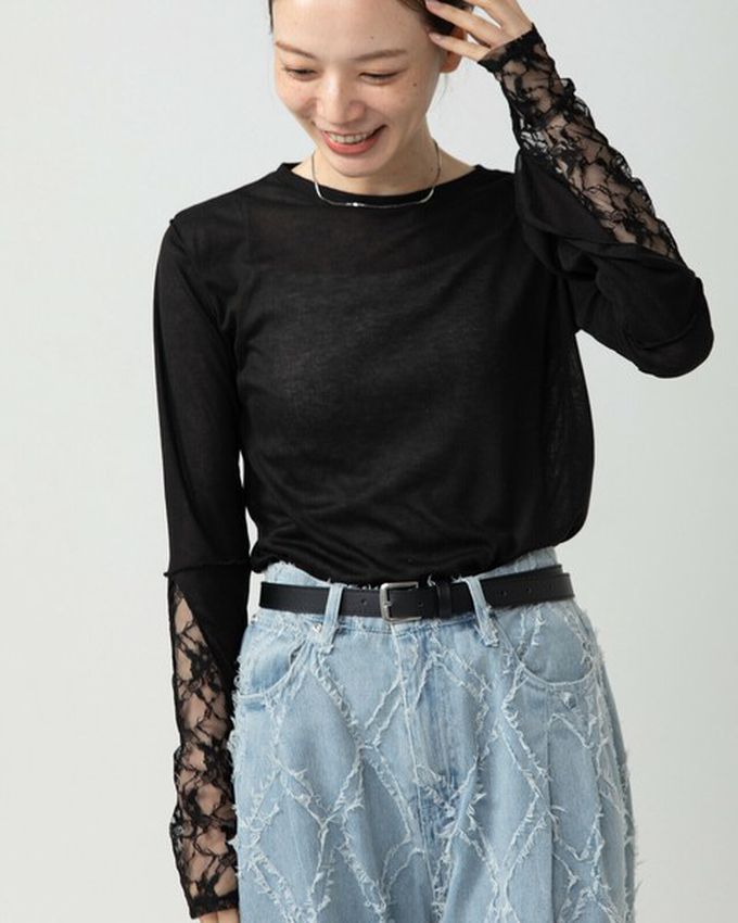 日本 gleam - 薄透合身蕾絲拼接長袖上衣-黑