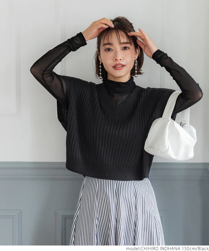 日本 COCA - 百搭彈性短版針織背心-黑