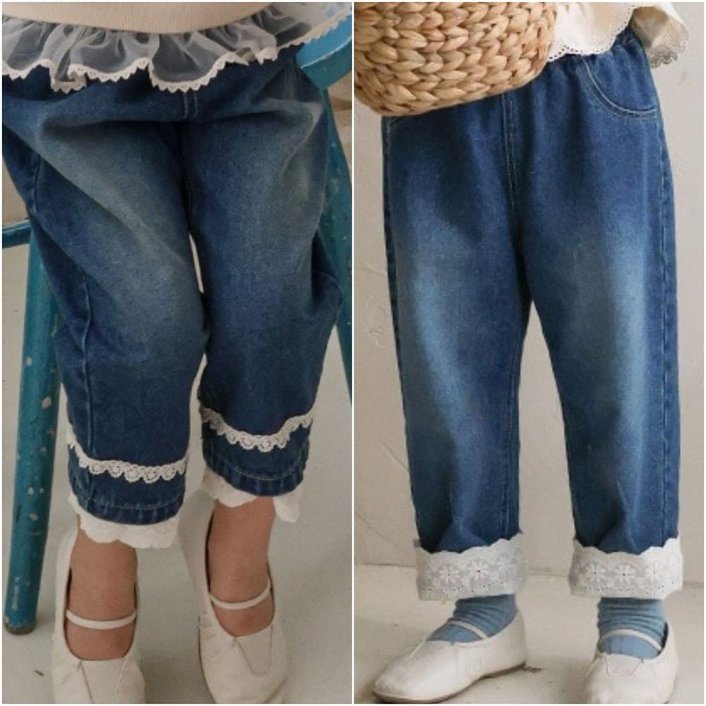 Puellaflo 鬆緊腰雕花蕾絲兩穿式牛仔褲-深藍