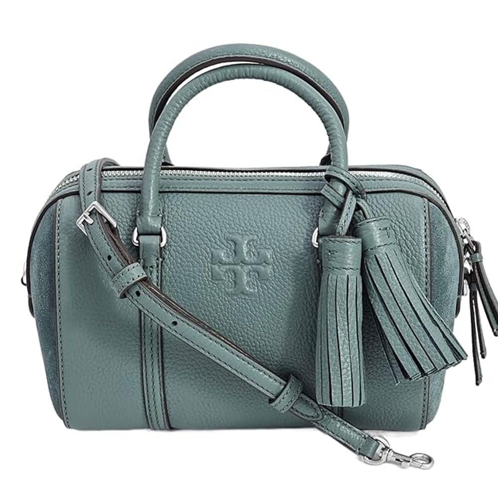 荔枝皮革拼接麂皮流蘇兩用波士頓包 (莫蘭迪綠(背帶兩款可替換))