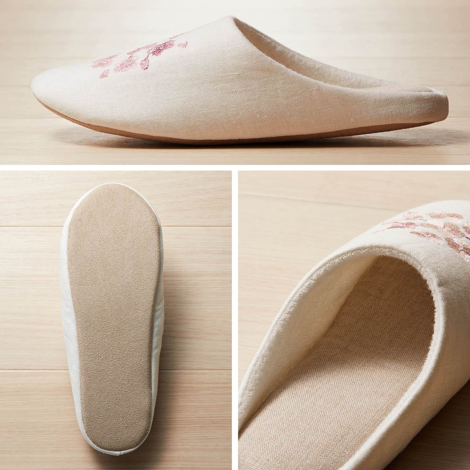 日本千趣會 - 法國亞麻材質櫻花刺繡防噪音室內拖鞋-白