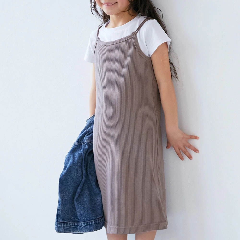 兩件式吊帶羅紋短袖洋裝-灰粉紅