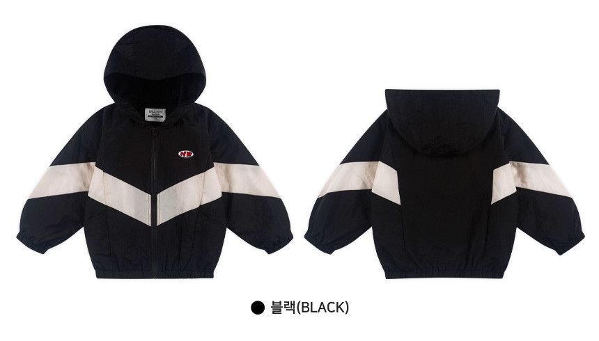 韓國 WALTON kids - 徽章點綴連帽防風外套-黑X米