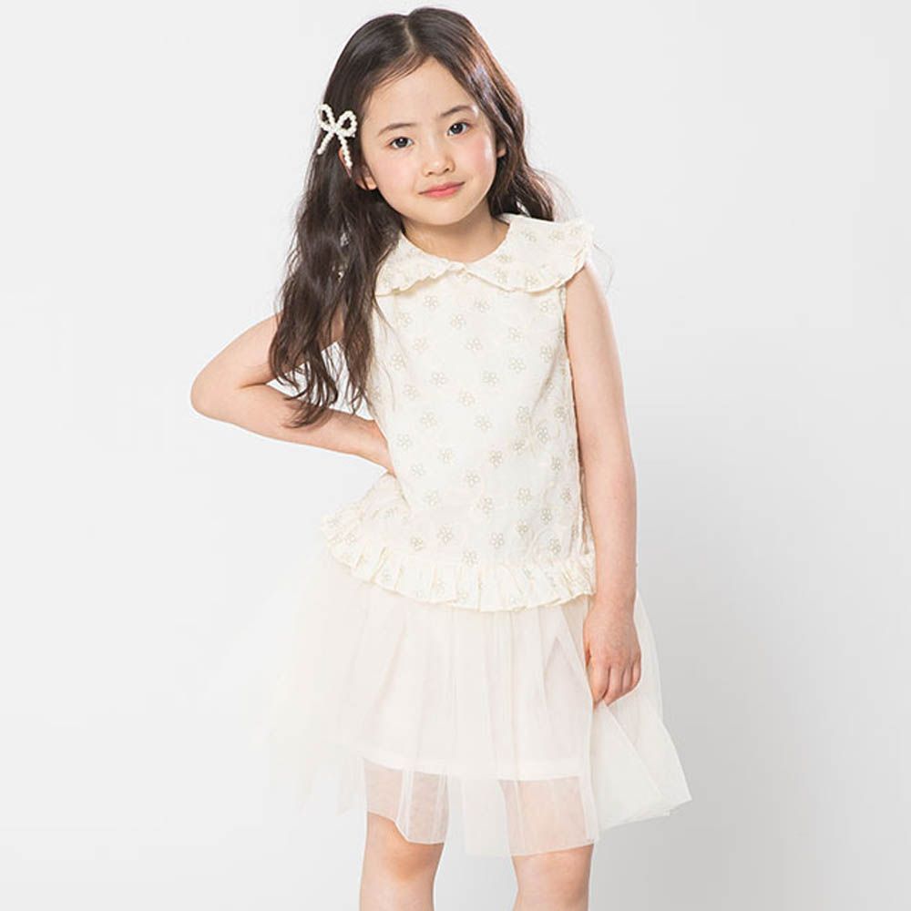 優雅繡花紋拼接網紗洋裝-米白