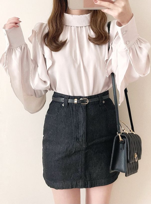 日本 GRL - 低調光澤蝴蝶結長袖上衣-煙燻粉 (F)