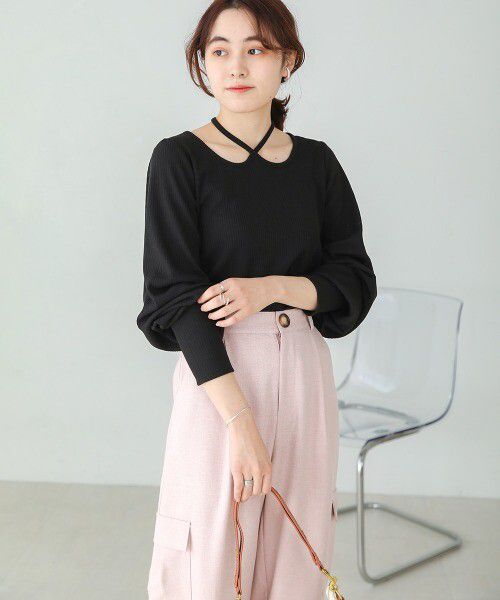 日本 Bab - 2WAY氣質綁帶羅紋泡泡袖上衣-米杏