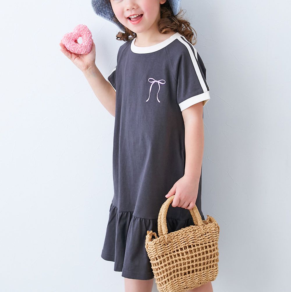 純棉舒適運動風短袖洋裝-刺繡蝴蝶結-炭灰