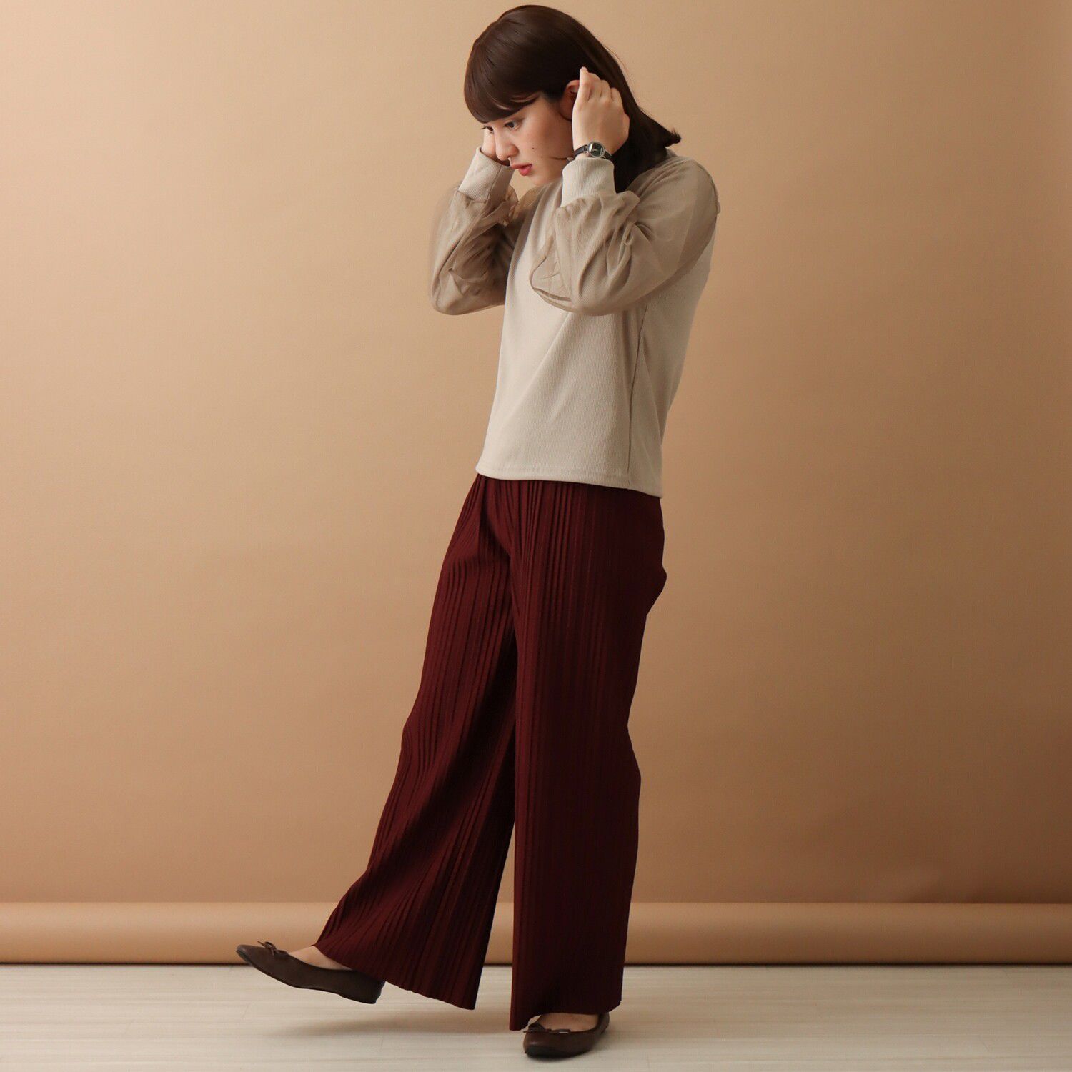 日本 libelle more - 薄紗拼接羅紋長袖上衣-杏