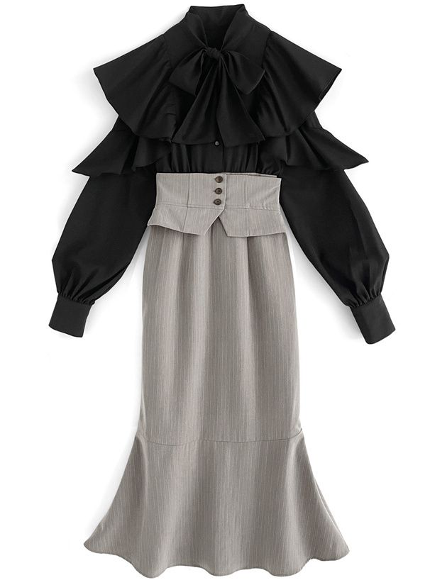 日本 GRL - 雜誌掲載 荷葉層次拼接高腰魚尾洋裝-黑x灰