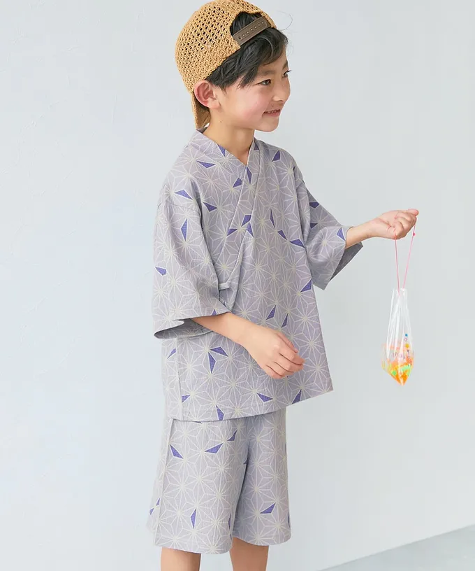 日本 devirock - 夏日風情涼爽紋理甚平套裝-小碎花-淺藍