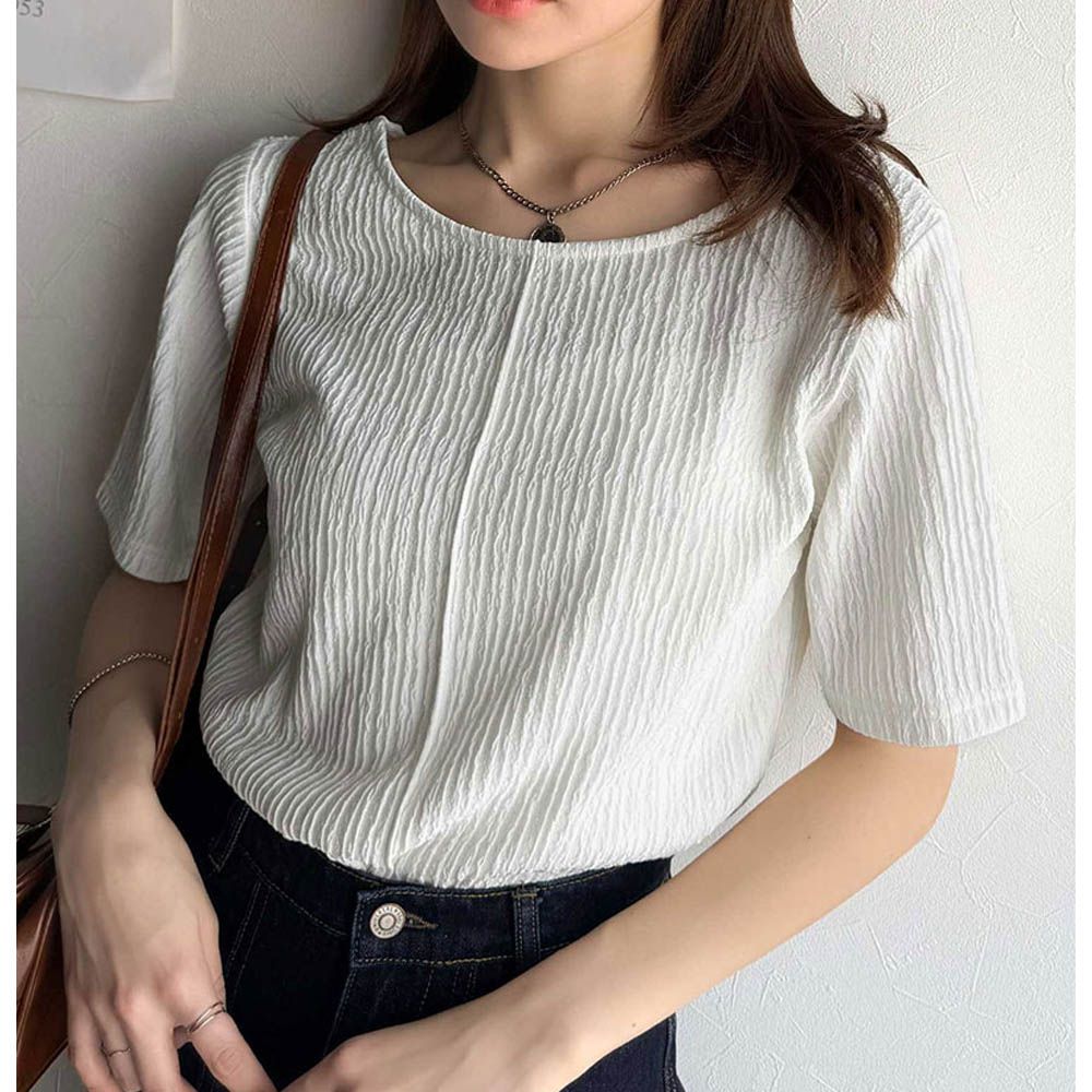 前後2way優雅紋理短袖上衣-象牙白