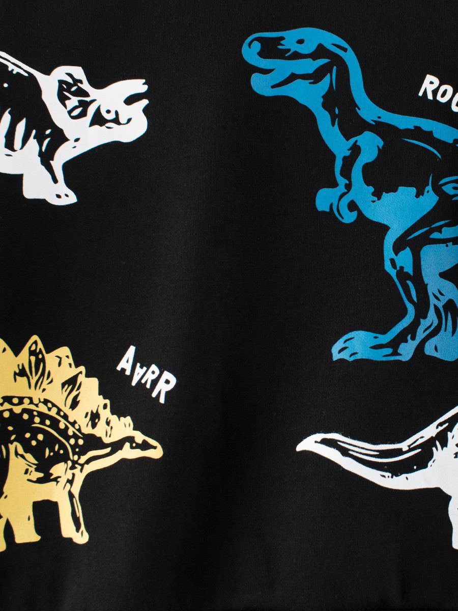 加絨棉質圓領長袖上衣/大學T-恐龍-黑色